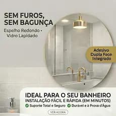 Espelho Redondo para Banheiro 40cm ou 60cm Vidro Lapidado Moderno Fixação Dupla Face