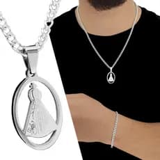 Conjunto Corrente Pulseira Grumet Nossa Senhora Aço Cj-32