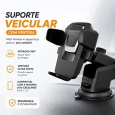 Suporte Veicular Celular Ventosa 360° Universal Painel e Para-brisa Ajustável - Preto