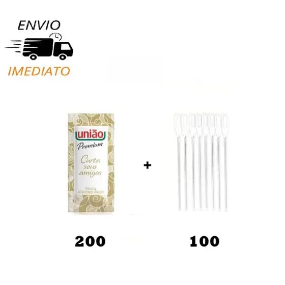 Kit com 200 Sachês de Açúcar União Premium + 100 Mexedores