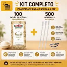 Kit com 100 sachês de açúcar União Premium + 500 mexedores Mexa Bem