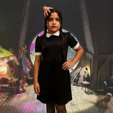 Kit Fantasia Carnaval Infantil Menina Vestido Wandinha + Mãozinha Tic Tac Vestido Vandinha Promoção