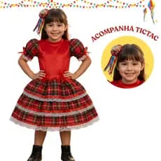 Kit Vestido Festa Junina Infantil Xadrez São João + TicTac Cabelo Quadrilha Arraia Quadrilha Roupa