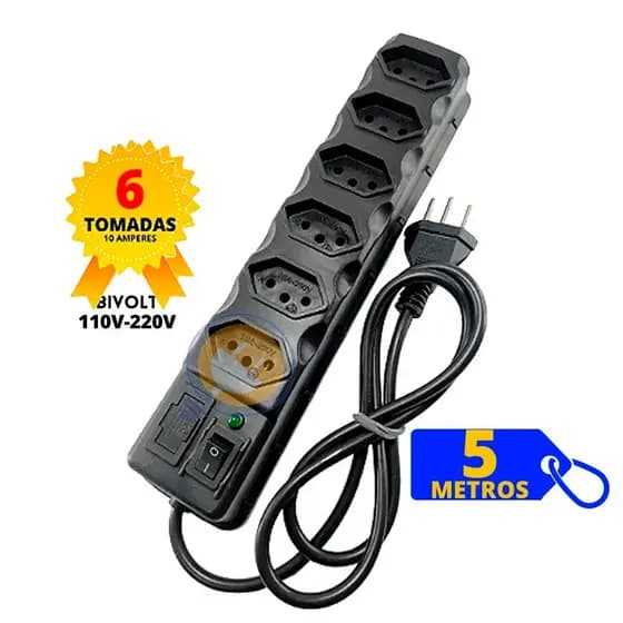 Filtro de Linha Preto 3, 4, 5 e 6 Tomadas Régua Elétrica 3 e 5 METROS 10A