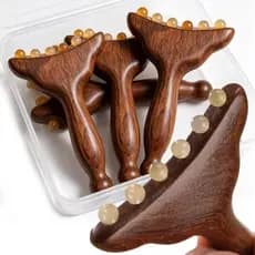 Ferramenta beleza spa, placa guasha chifre e pente massagem com cabo de sândalo natural para automassagem