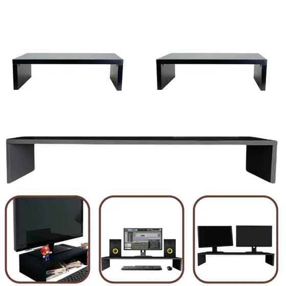 Kit 1 Suporte Monitor 15x90x20cm + 2 Suporte Monitor 10x35x20cm MDF Preto
