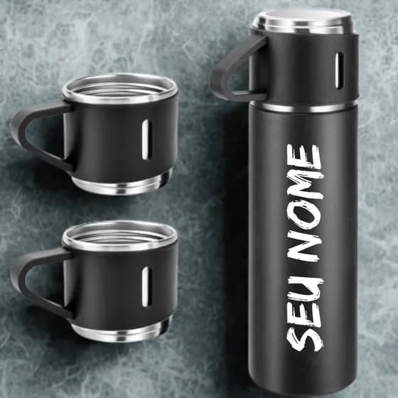 KIT 5/10 Garrafa Termica Inox 500ML Vacuum PERSONALIZADA + 3 xicaras Copinhos Café Chá Quente gelado