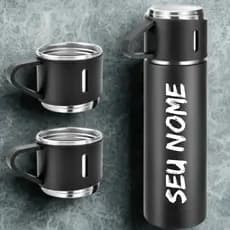 KIT 5/10 Garrafa Termica Inox 500ML Vacuum PERSONALIZADA + 3 xicaras Copinhos Café Chá Quente gelado