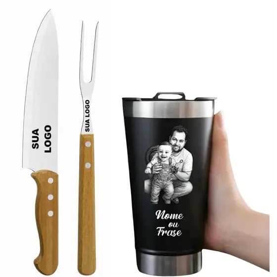 Kit Copo Termico Inox 473ML + Kit Churrasco Garfo e Faca Personalizado com Sua Foto Fotogravação