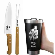 Kit Copo Termico Inox 473ML + Kit Churrasco Garfo e Faca Personalizado com Sua Foto Fotogravação