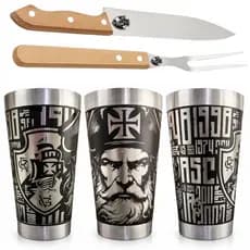 Kit Churrasco Faca + Garfo e Copo Termico Inox personalizado 360 com Seu Time Futebol