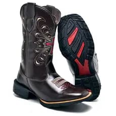 Bota Country Feminina Café Com Bordado De Cruz Rosa