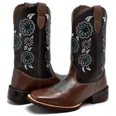 Botas Texana Feminina Café Com Bordado De Floral Azul Promoção Black Friday