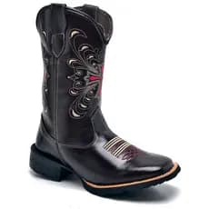 Botas Country Feminina Café Com Bordado De Cruz Rosa
