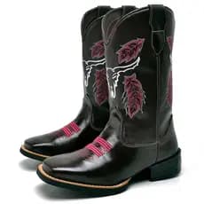 Bota Texana Feminina Café Com Bordado De Touro Rosa