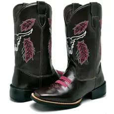 Botas Texana Feminina Café Com Bordado De Touro Rosa Promoção Black Friday