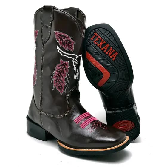 Bota Country Feminina Café Com Bordado Touro Rosa