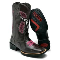 Bota Country Feminina Café Com Bordado Touro Rosa