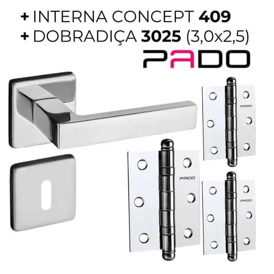 Kit Dobradiça 3025 e Fechadura Interna Quarto Pado Concept 409 Máquina 40mm Cromado