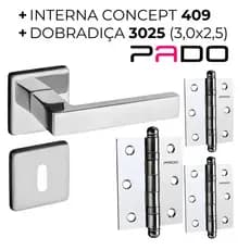 Kit Dobradiça 3025 e Fechadura Interna Quarto Pado Concept 409 Máquina 40mm Cromado