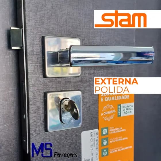 Fechadura de Porta Externa Stam 803/35 Porta de Madeira/Alumínio Broca 40mm - Inox Polido
