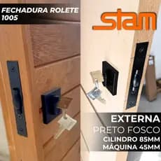 Fechadura Porta Externa Pivotante Rolete Stam 1005 Preto Fosco Roseta Quadrada