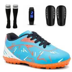 Kit Chuteira Infantil Masculino Campo Society Meião Relógio Caneleira Antiderrapante Confortável