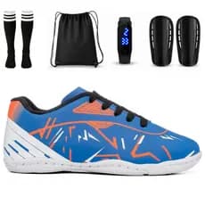 Kit Chuteira Infantil Masculino Quadra Salão Antiderrapante Meião Mochila Relógio Caneleira