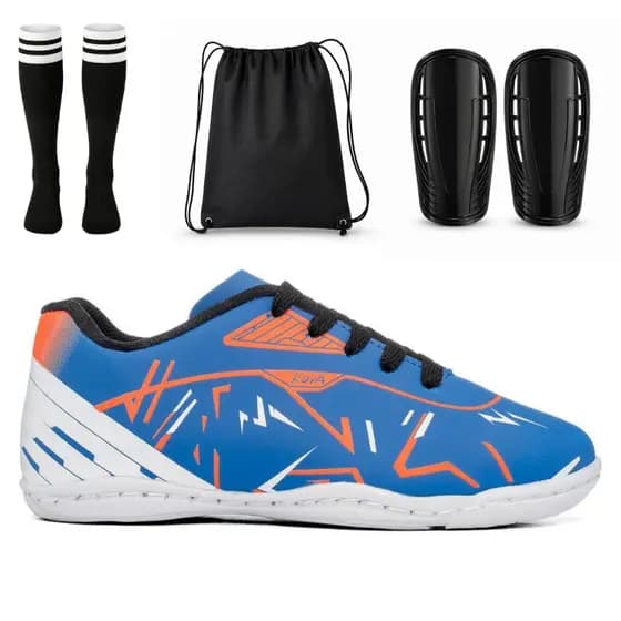 Kit Chuteira Infantil Masculino Quadra Salão Antiderrapante Resistente Meião Mochila Caneleira