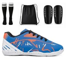 Kit Chuteira Infantil Masculino Quadra Salão Antiderrapante Resistente Meião Mochila Caneleira