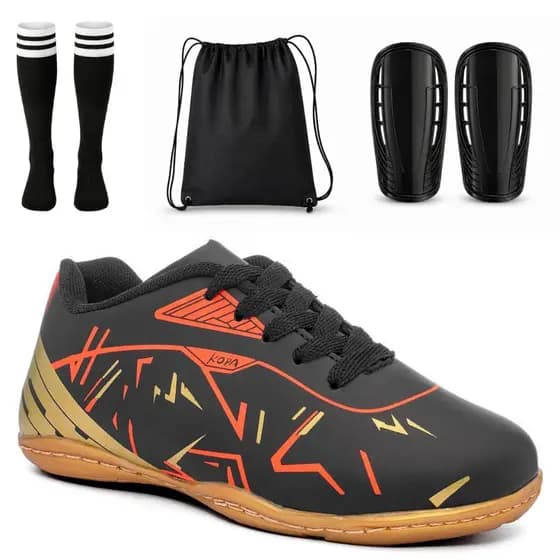 Kit Chuteira Masculino Infantil Quadra Salão Meião Mochila Caneleira Antiderrapante Resistente