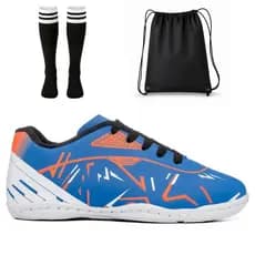 Kit Chuteira Infantil Masculino Quadra Salão Antiderrapante Resistente Confortável Meião Mochila