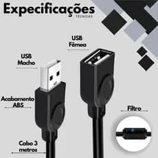 Kit 3 unidades Cabo Extensor Usb 2.0 5 Metros Extensão Macho / Fêmea Exbom