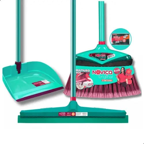 Kit Limpeza Completo Vassoura Multiuso + Pá de Lixo Com Cabo + Rodo 40cm Noviça Premium