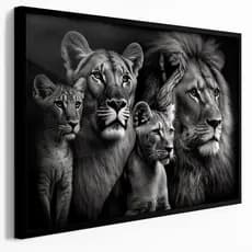 Quadro Decorativo 120x80cm de Leão e Leoa 2 Filhotes Preto e Branco Sala Quarto Hall Casa Decoração De Parede Mdf
