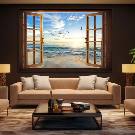 Quadro Decorativo 120x80cm Janela Praia Hall Casa Sala Quarto Decoração De Parede Mdf Adesivo Grande