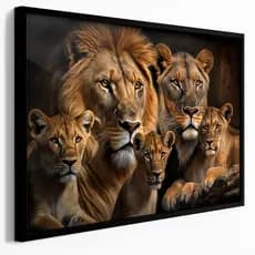 Quadro Decorativo 120x80cm Leão e Leoa 3 Filhotes Família Arte Sala Quarto Hall Casa Decoração De Parede Mdf Adesivo