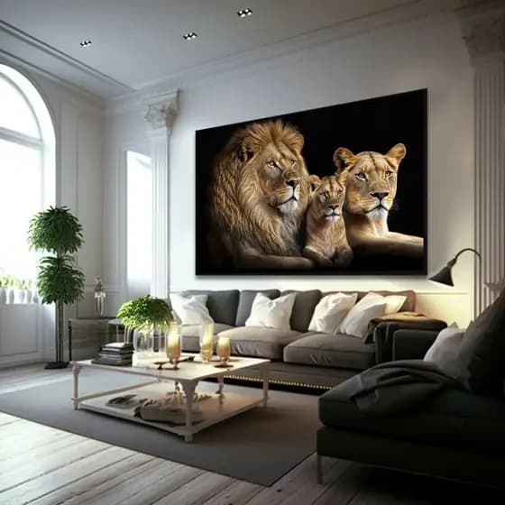 Quadro Decorativo 120x80cm Familia de Leão Horizontal 1 Filhote Hall Casa Sala Quarto Decoração De Parede Mdf