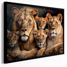Quadro Decorativo 120x80cm  Leão e Leoa 3 Filhotes Família  Sala Quarto Hall Casa Decoração De Parede Mdf Adesivo