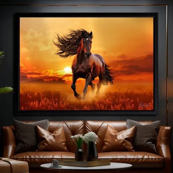 Quadro Decorativo 120x80cm Cavalo Correndo No Campo Por do Sol Haras Sala Quarto Hall Casa Decoração De Parede
