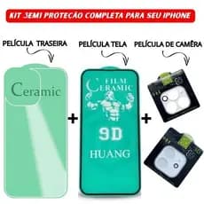 Kit 3em1 Película Traseira+Câmera Transparente+Película Tela Cerâmica iPhone 11 12 13 14 15 16 Pro Max - KaLRo