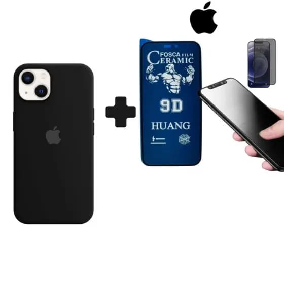 Kit 2em1 Capa Case Preta+Película de Cerâmica Fosca Privacidade iPhone XS 11 12 13 14 15 16 Pro Max - KaLRo