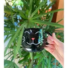 Caneca Café Chá Gato Preto Carinhas 500ml Porcelana Fofa Presente Criativo