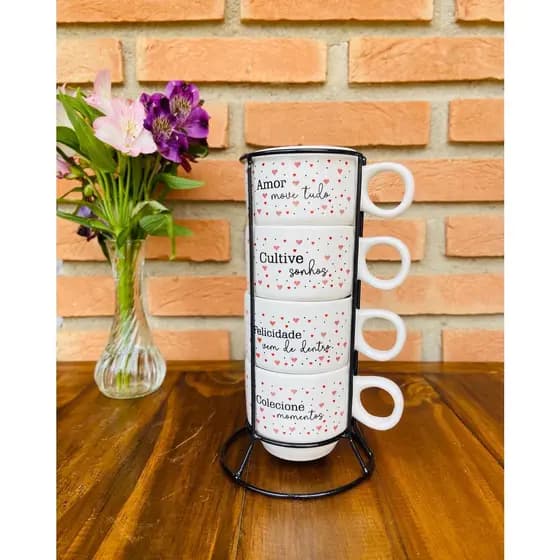 Jogo De 4 Xícara Café Chá Porcelana Branca Frases Motivacionais+ Suporte De Metal
