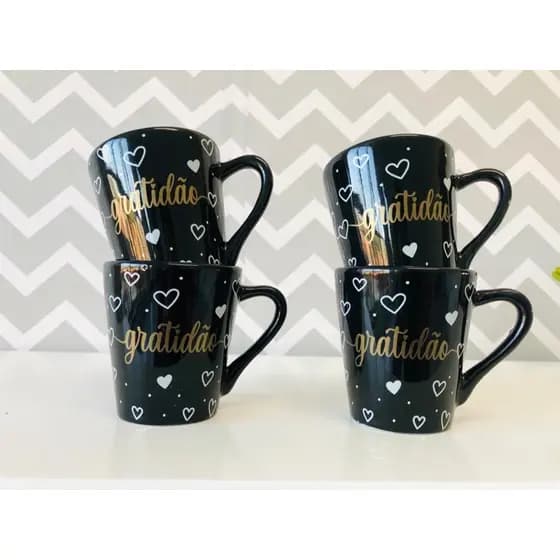 Jogo Kit 4 Xícaras/ Canecas Porcelana Preta Decorada Gratidão