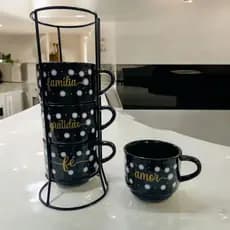 Jogo De 4 Xicaras Café Chá Porcelana Floral Amor Família Gratidão e Fé Com Suporte de Metal