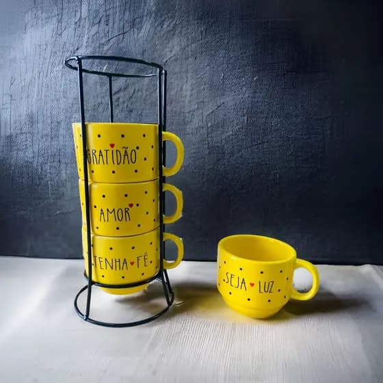 Jogo De Xícara Café Chá Amarela Com Suporte Kit 4 Caneca Poá