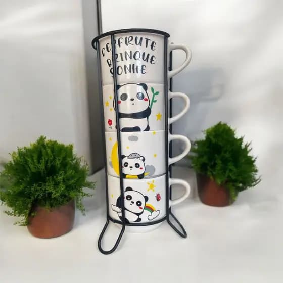 Jogo De 4 Xicaras Caneca empilhável Café Chá 210ml Porcelana Panda  Com Suporte de Metal