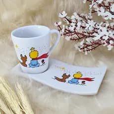 Kit Xícara Caneca Porcelana 120ml Café/Chá + Pires Ondulado Pequeno Príncipe Estrelas