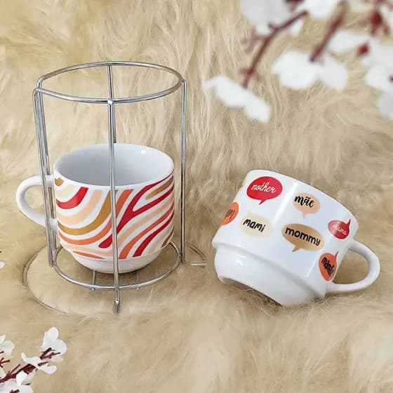 Kit 2 Xícaras Empilhável 210ml em Porcelana Branca com suporte café chá Mãe Frases Geométricas